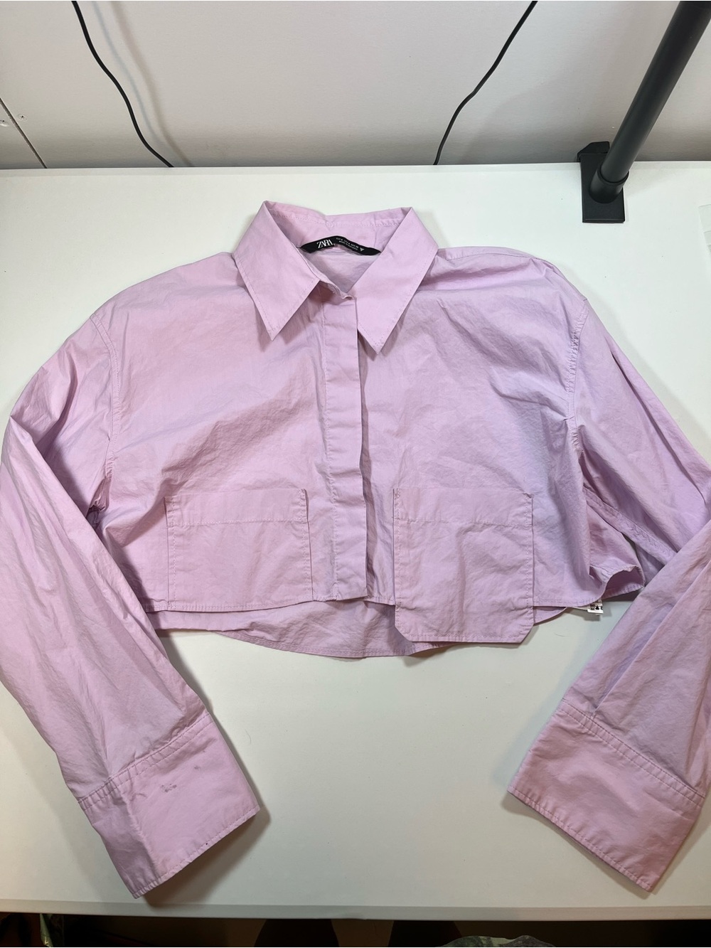 Zara Light Pink Cropped Poplin Button Up Shirt Long Sleeve